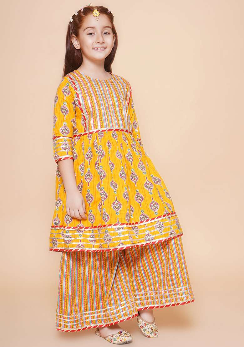 Yellow Printed Cotton Kurta Set For Girls - Indya