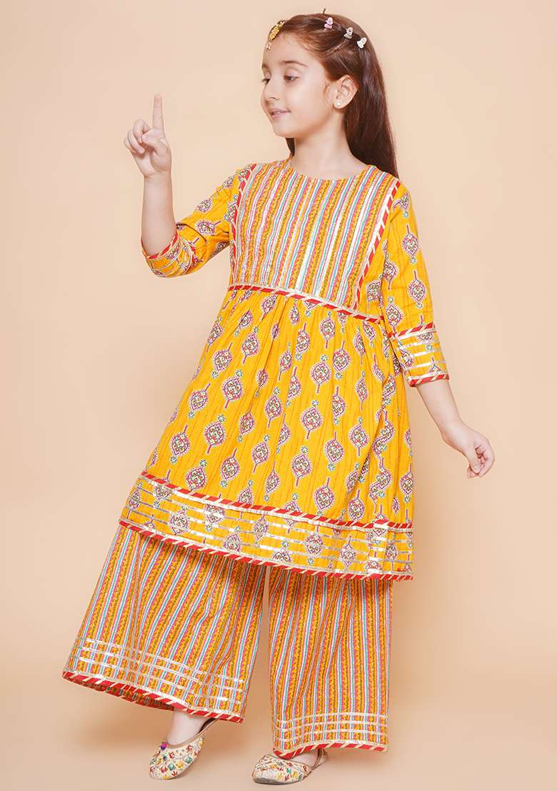 Yellow Printed Cotton Kurta Set For Girls - Indya