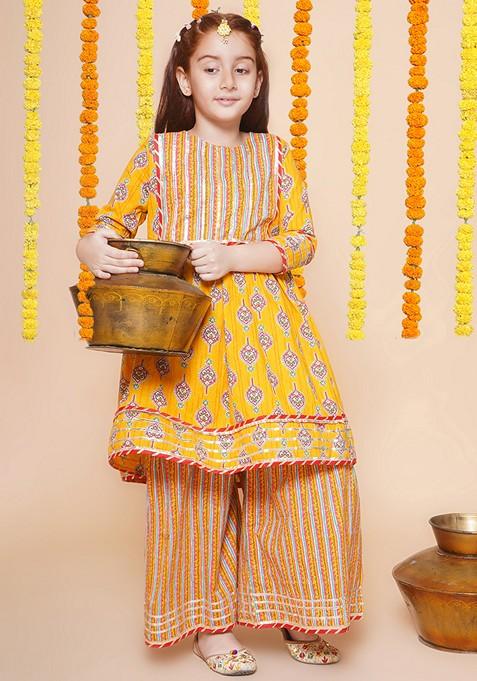 Yellow Printed Cotton Kurta Set For Girls