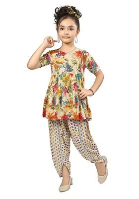 Multicolor Printed Rayon Kurta Set For Girls