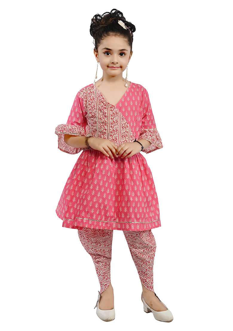 Pink Printed Cotton Kurta Set For Girls - Indya