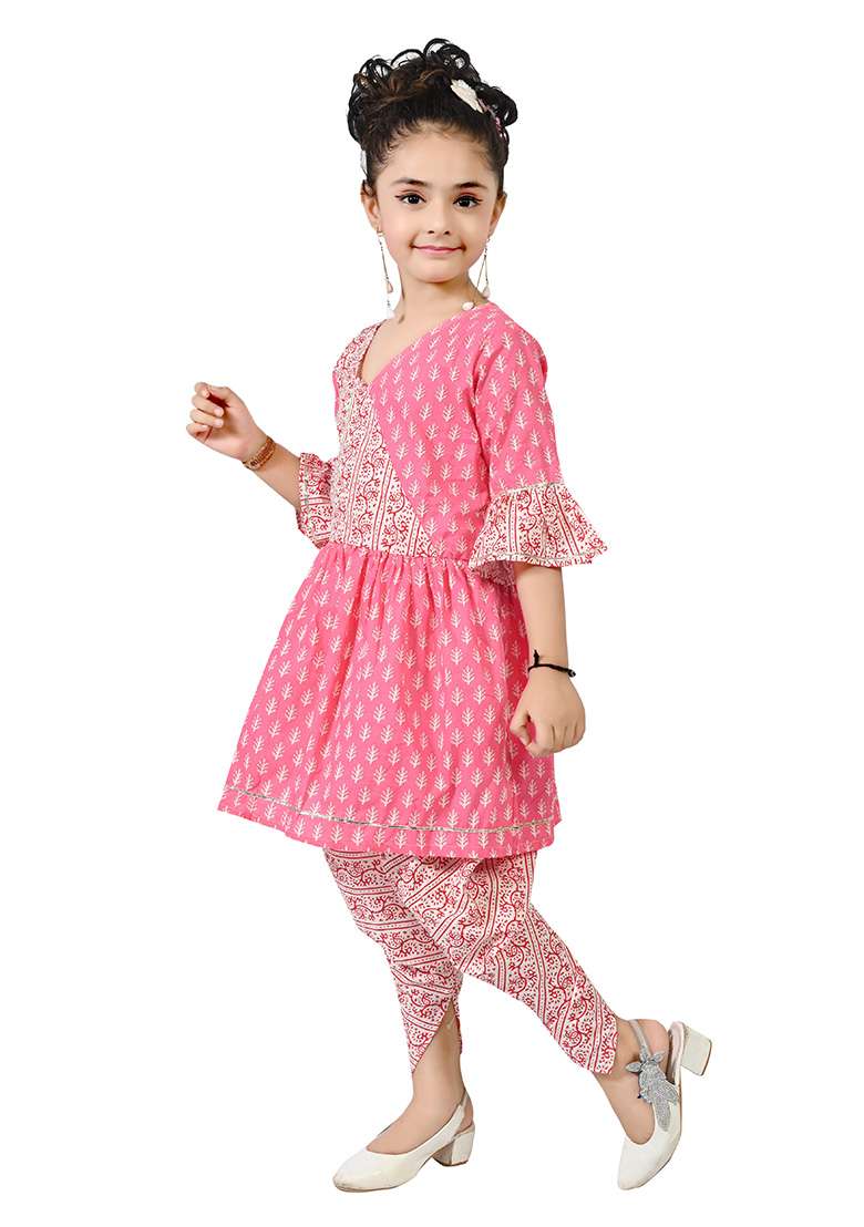 Pink Printed Cotton Kurta Set For Girls - Indya