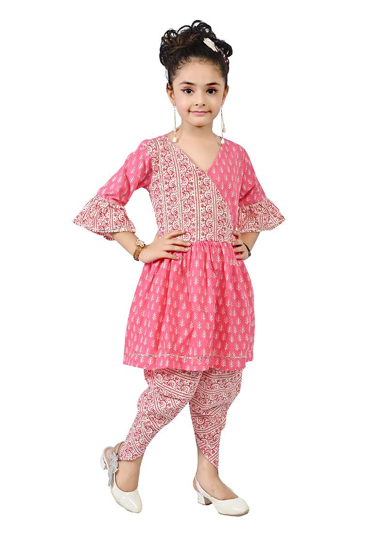 Pink Printed Cotton Kurta Set For Girls - Indya