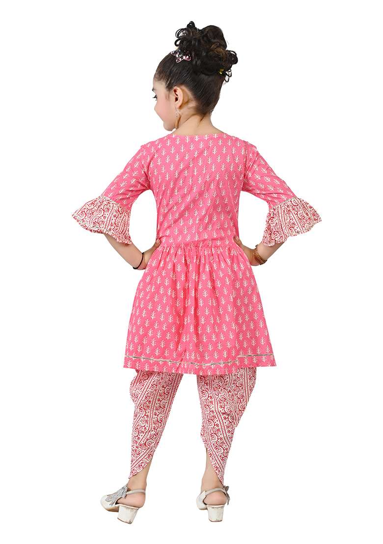 Pink Printed Cotton Kurta Set For Girls - Indya