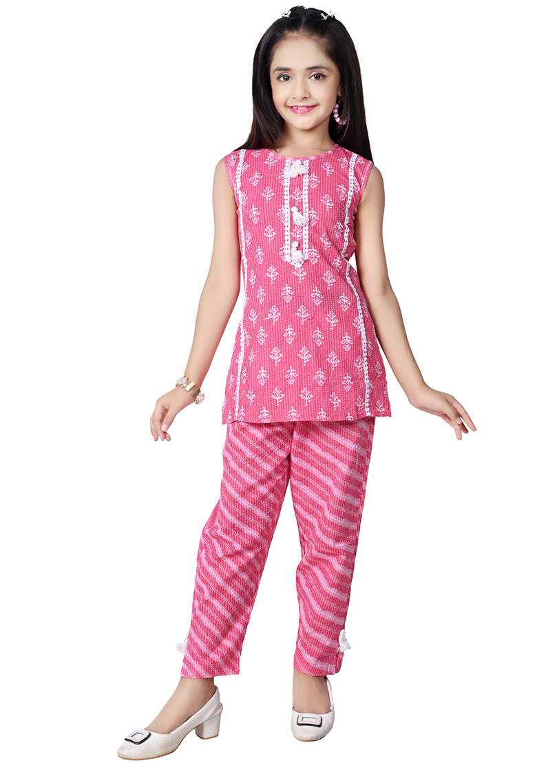 Pink Printed Cotton Kurta Set For Girls - Indya