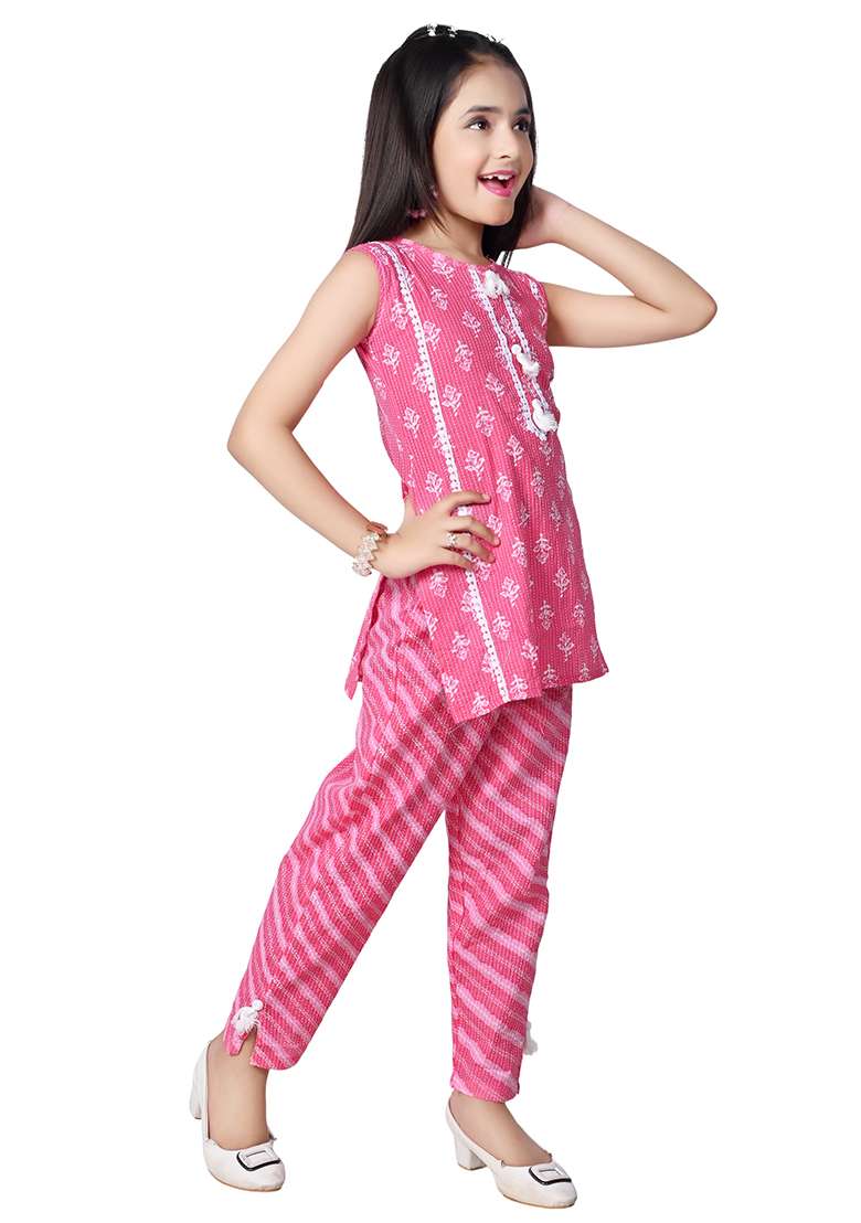 Pink Printed Cotton Kurta Set For Girls - Indya