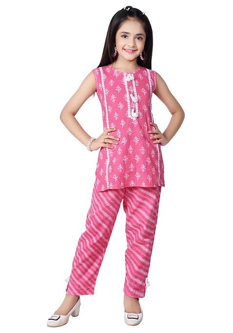 Pink Printed Cotton Kurta Set For Girls