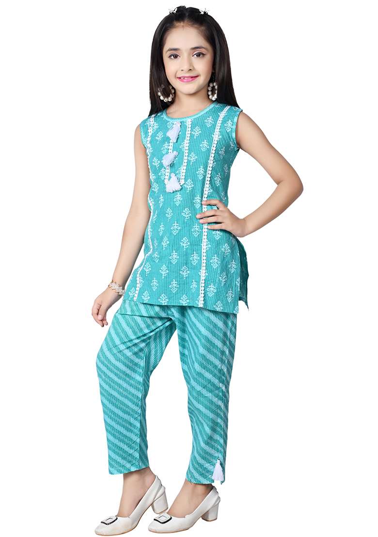 Blue Printed Cotton Kurta Set For Girls - Indya