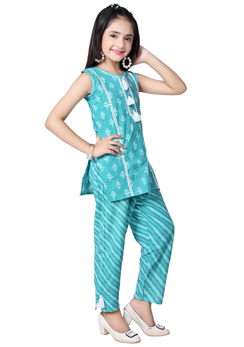 Blue Printed Cotton Kurta Set For Girls - Indya
