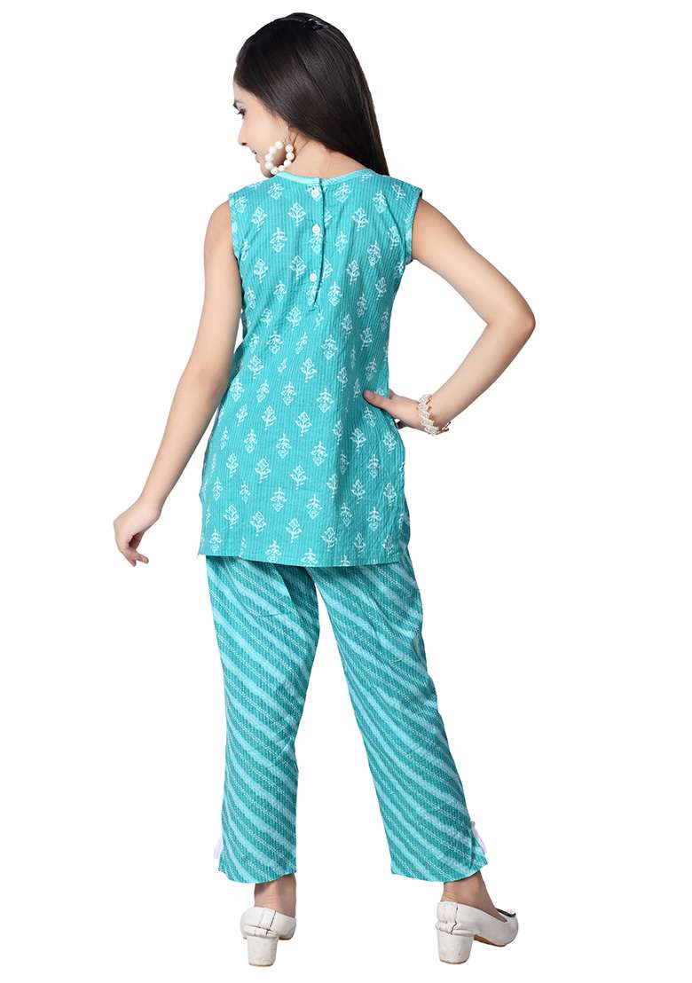 Blue Printed Cotton Kurta Set For Girls - Indya