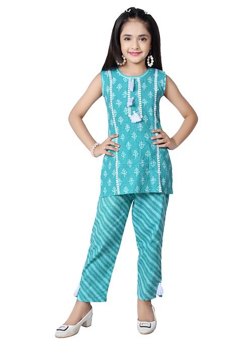 Blue Printed Cotton Kurta Set For Girls