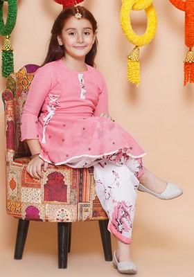 Pink Printed Rayon Kurta Set For Girls