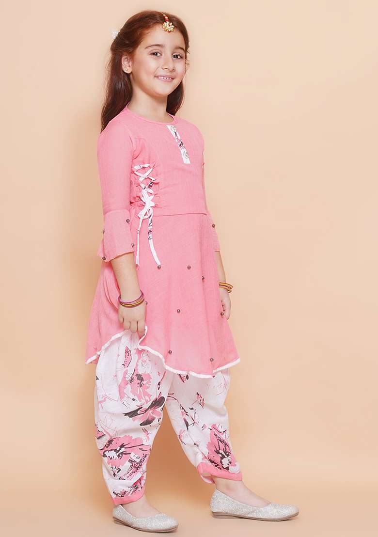 Pink Printed Rayon Kurta Set For Girls - Indya