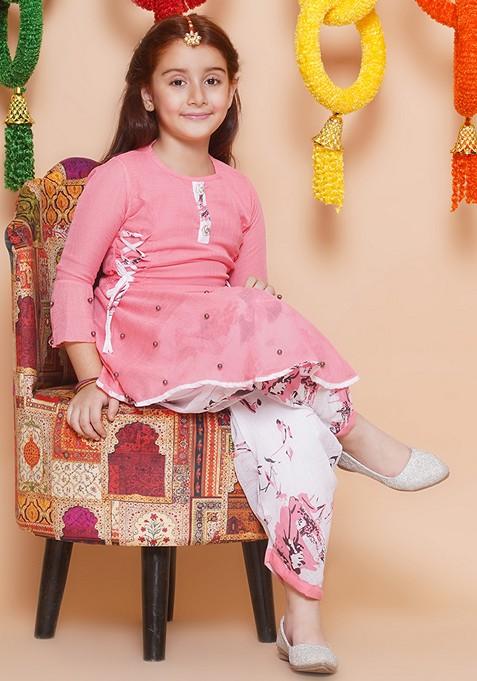 Pink Printed Rayon Kurta Set For Girls