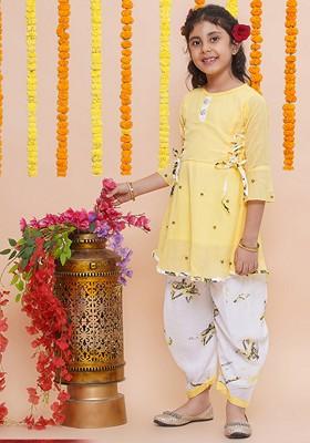 Yellow Printed Rayon Kurta Set For Girls