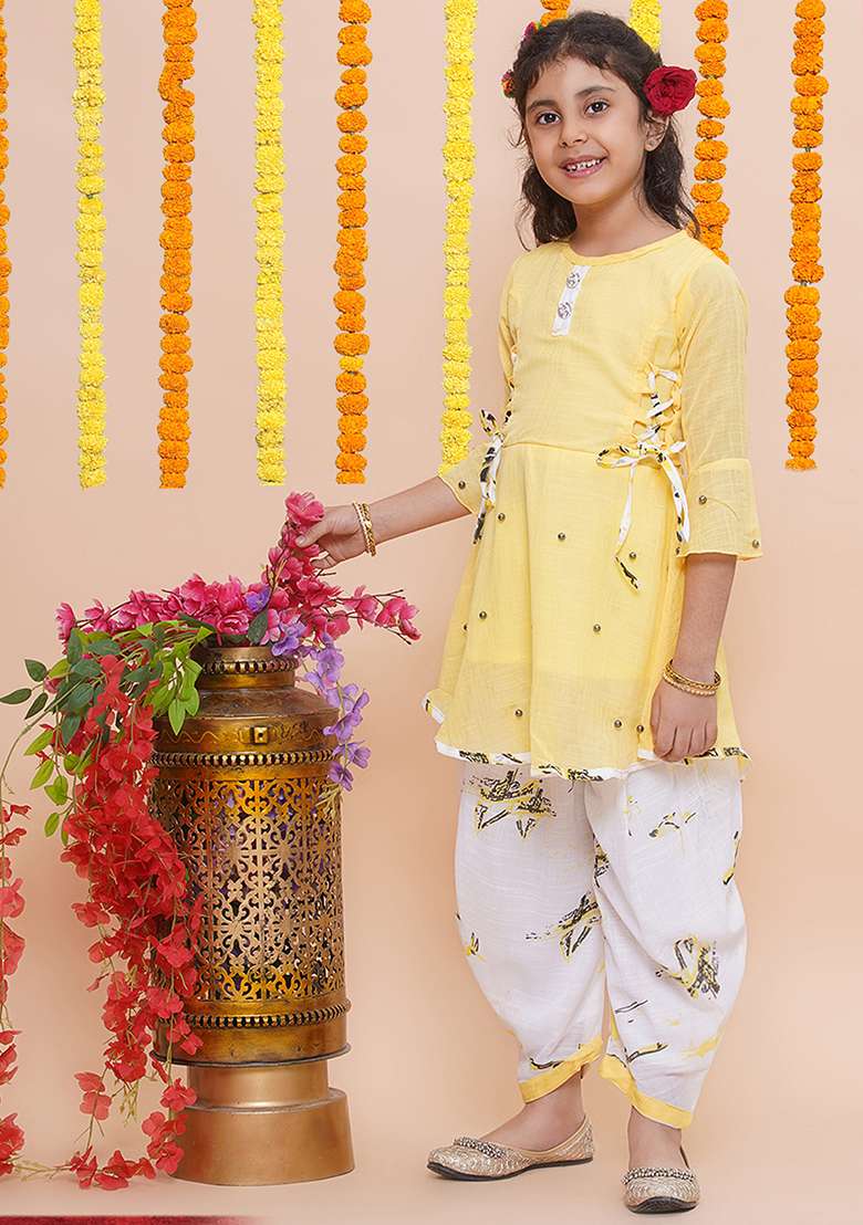 Yellow Printed Rayon Kurta Set For Girls - Indya