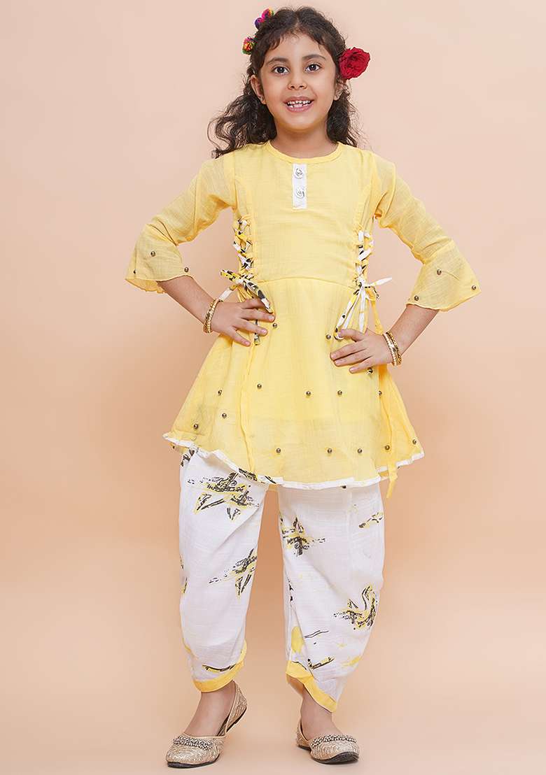 Yellow Printed Rayon Kurta Set For Girls - Indya