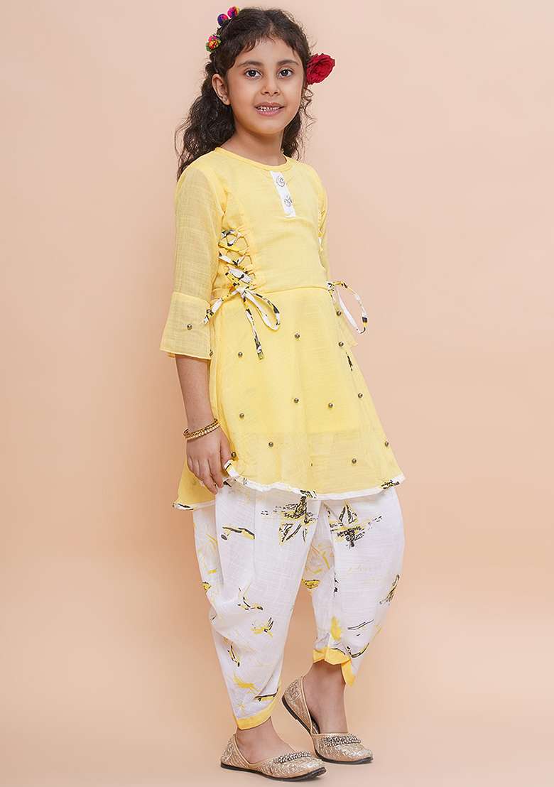 Yellow Printed Rayon Kurta Set For Girls - Indya