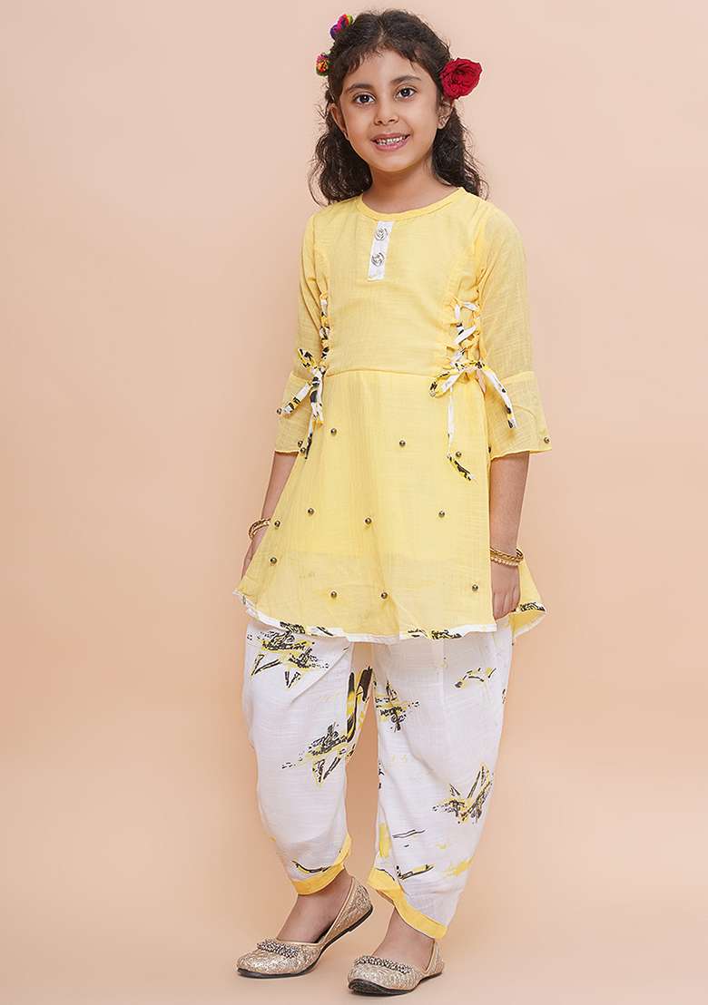 Yellow Printed Rayon Kurta Set For Girls - Indya