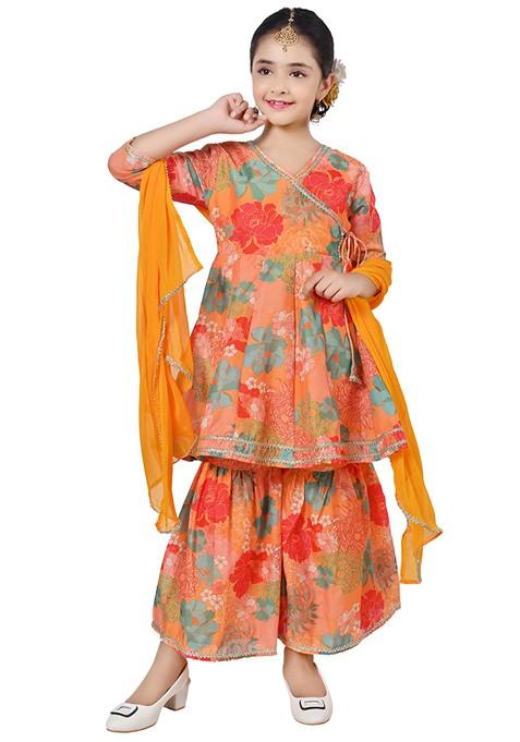Yellow Printed Chanderi Kurta Set For Girls