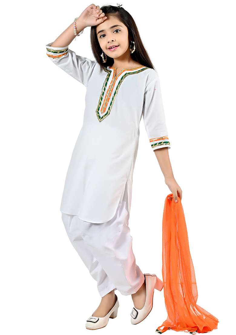 Multicolor Tiranga Rayon Kurta Set For Girls - Indya