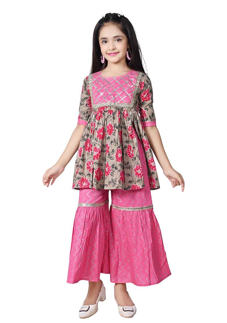 Pink Printed Cotton Kurta Set For Girls - Indya