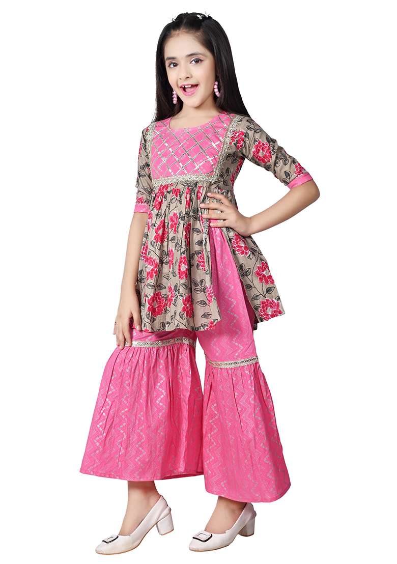 Pink Printed Cotton Kurta Set For Girls - Indya