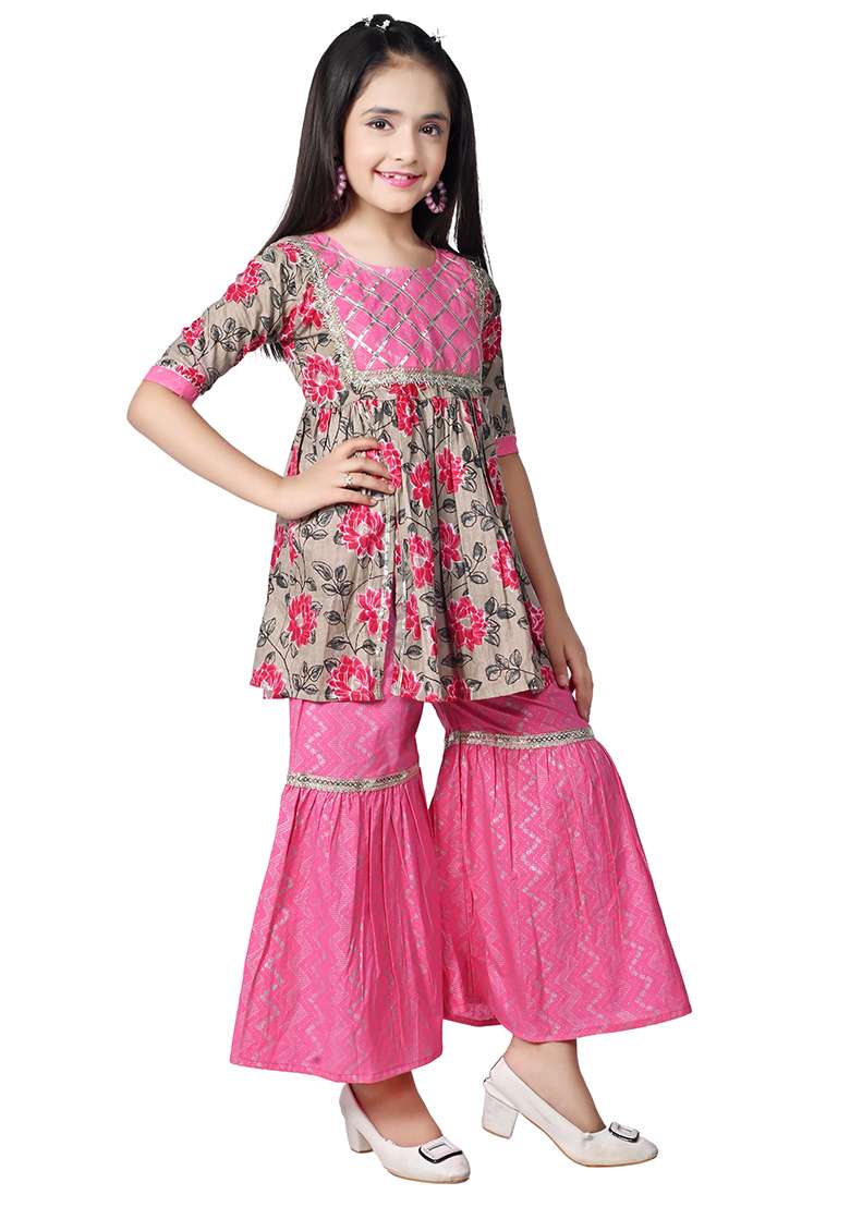 Pink Printed Cotton Kurta Set For Girls - Indya