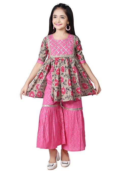 Pink Printed Cotton Kurta Set For Girls