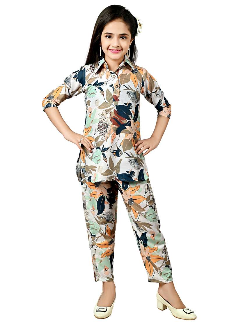 Green Printed Rayon Kurta Set For Girls - Indya
