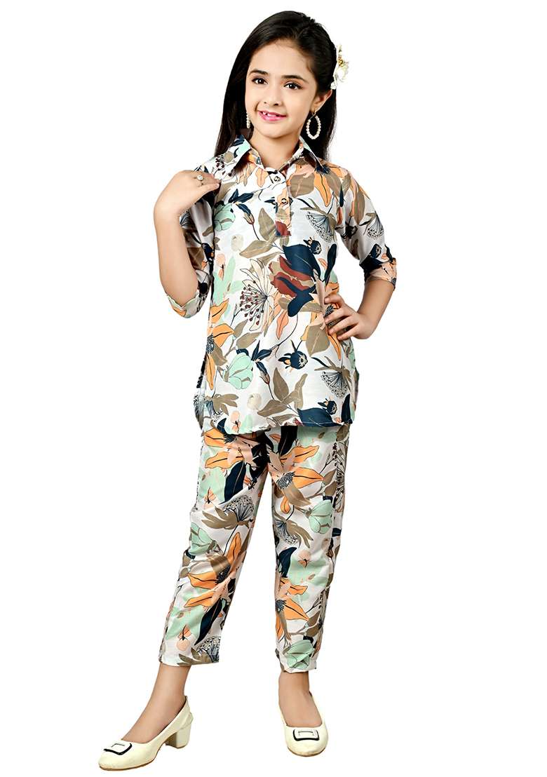 Green Printed Rayon Kurta Set For Girls - Indya