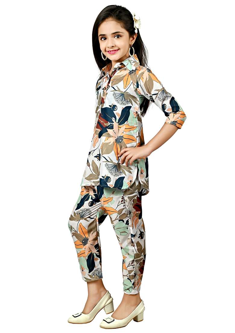 Green Printed Rayon Kurta Set For Girls - Indya