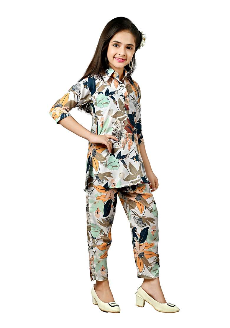 Green Printed Rayon Kurta Set For Girls - Indya