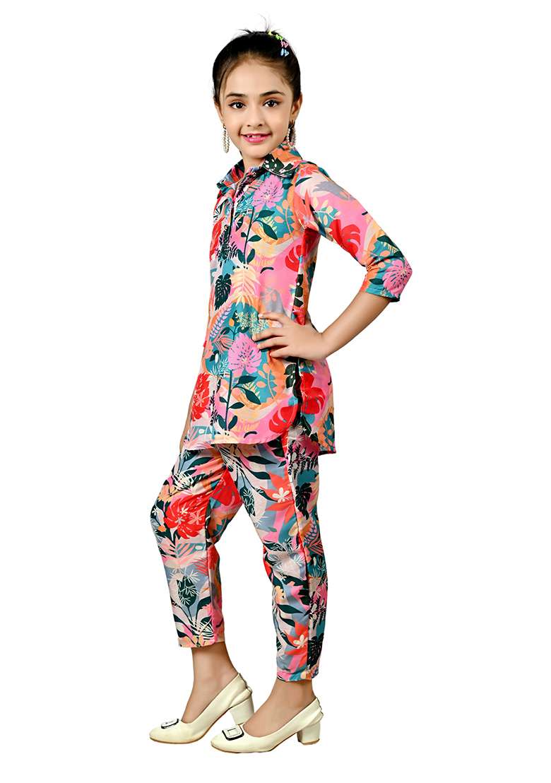 Pink Printed Rayon Kurta Set For Girls - Indya