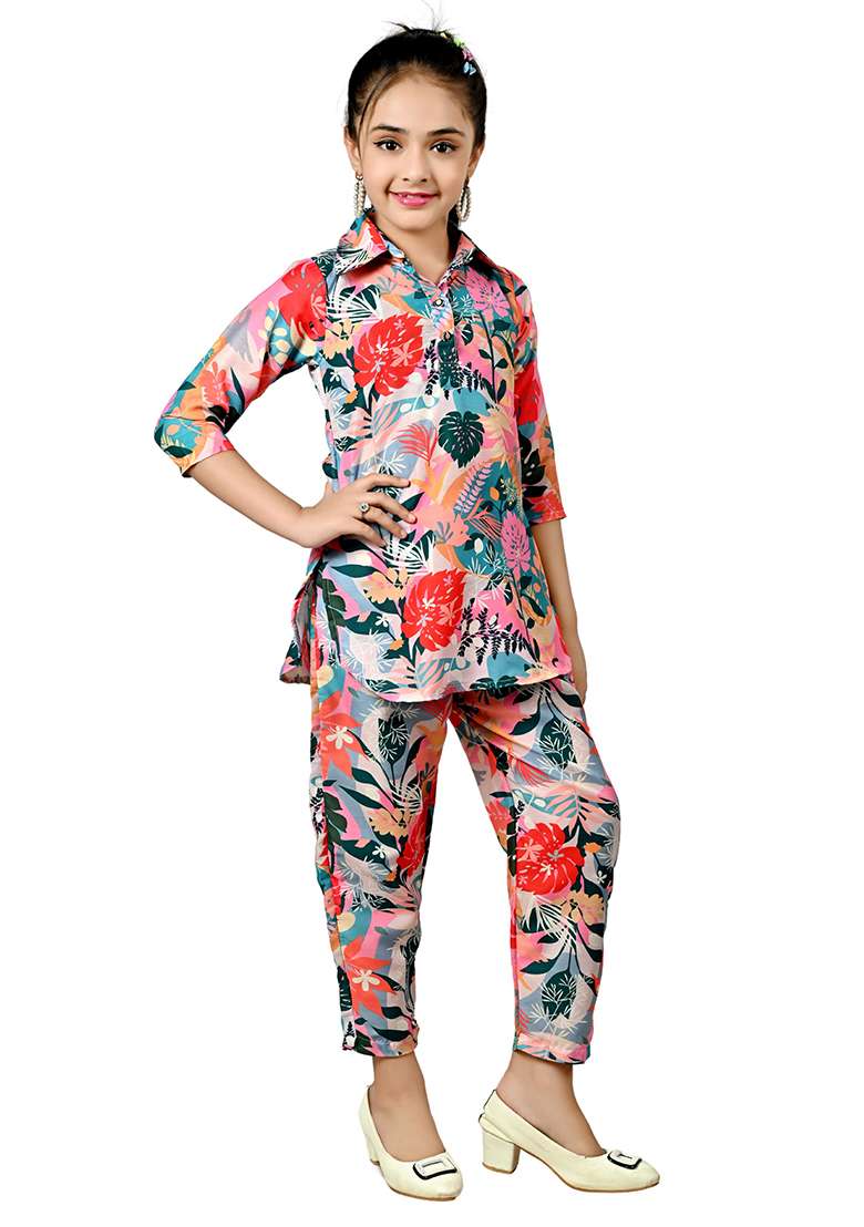 Pink Printed Rayon Kurta Set For Girls - Indya