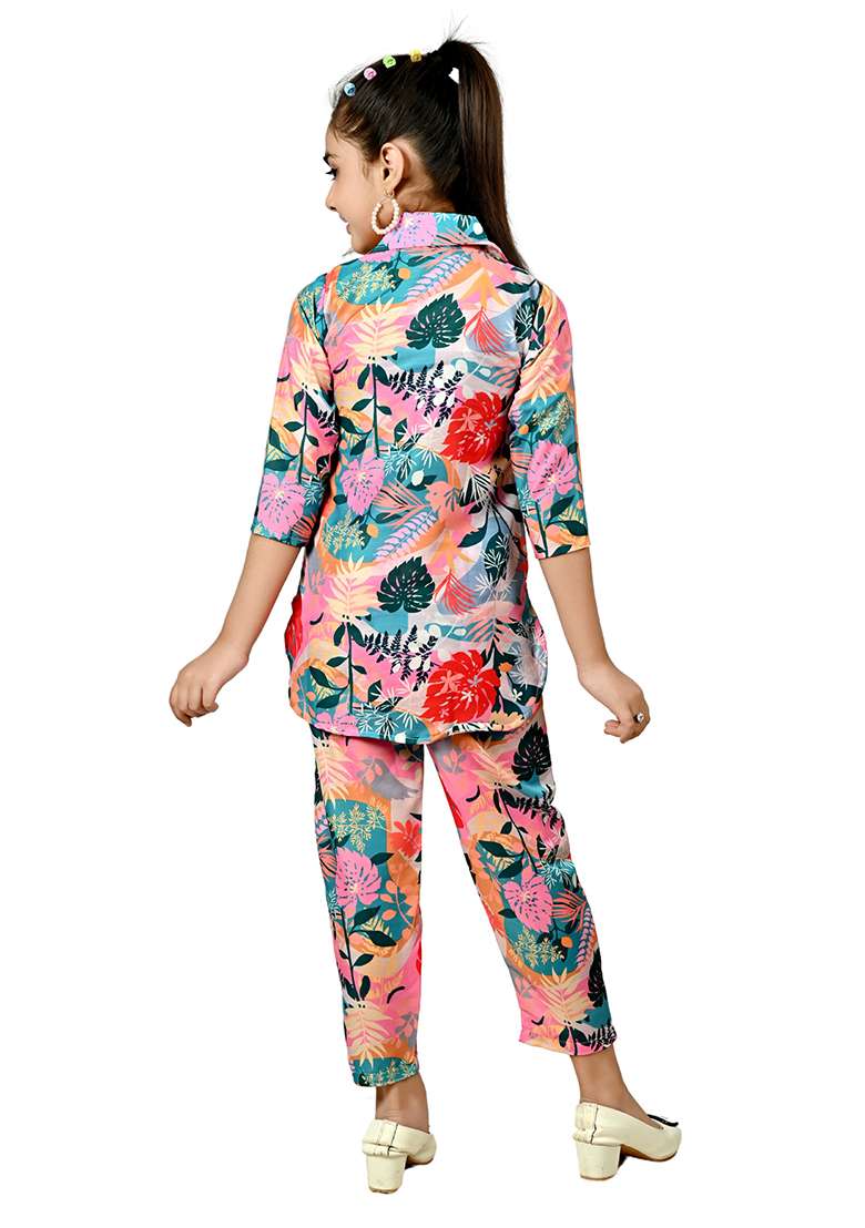 Pink Printed Rayon Kurta Set For Girls - Indya