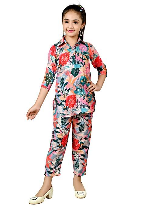 Pink Printed Rayon Kurta Set For Girls