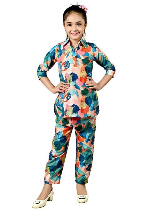 Blue Printed Rayon Kurta Set For Girls