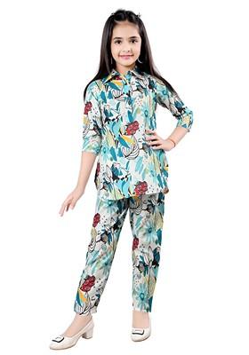 Blue Printed Rayon Kurta Set For Girls