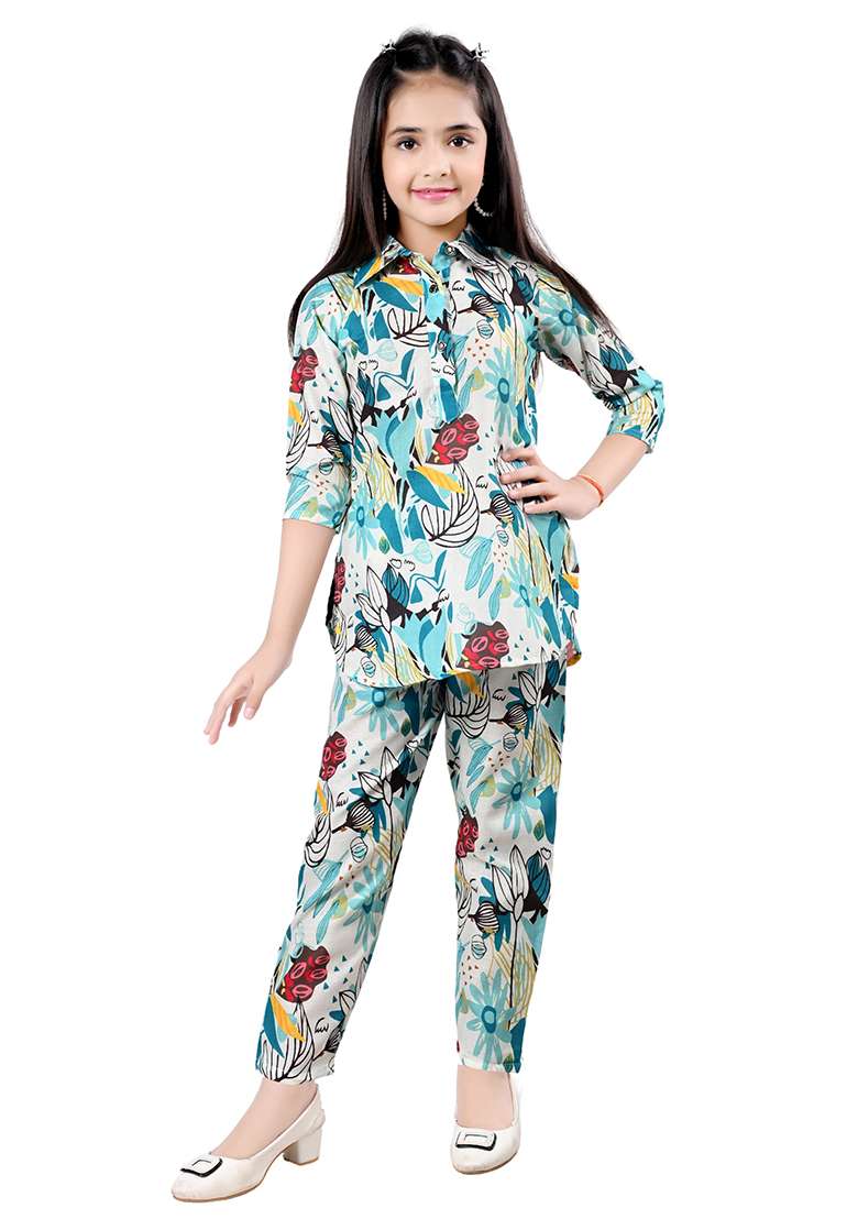 Blue Printed Rayon Kurta Set For Girls - Indya