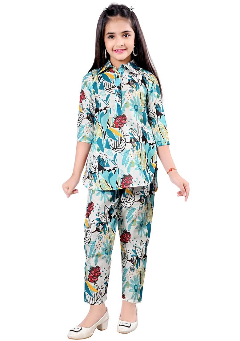 Blue Printed Rayon Kurta Set For Girls - Indya