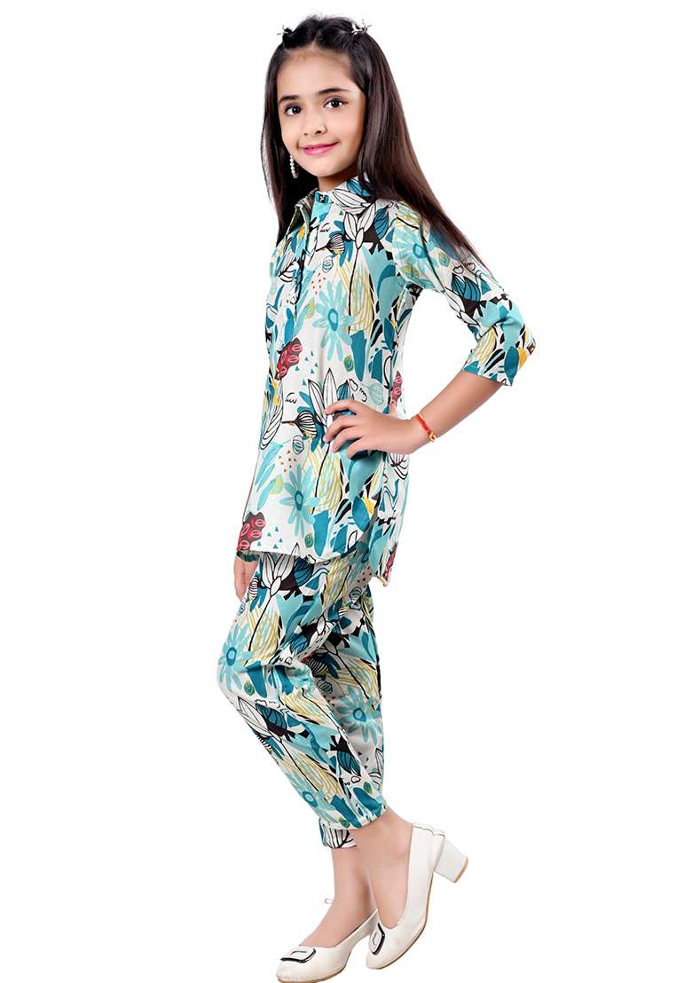 Blue Printed Rayon Kurta Set For Girls - Indya