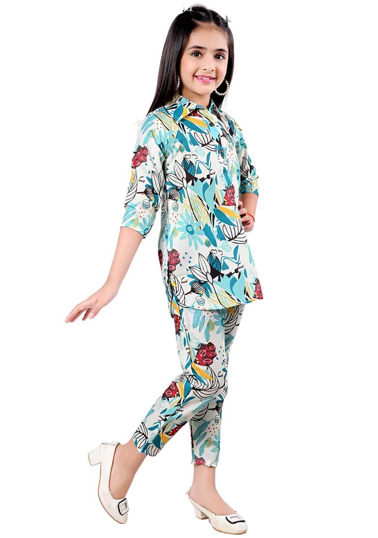 Blue Printed Rayon Kurta Set For Girls - Indya