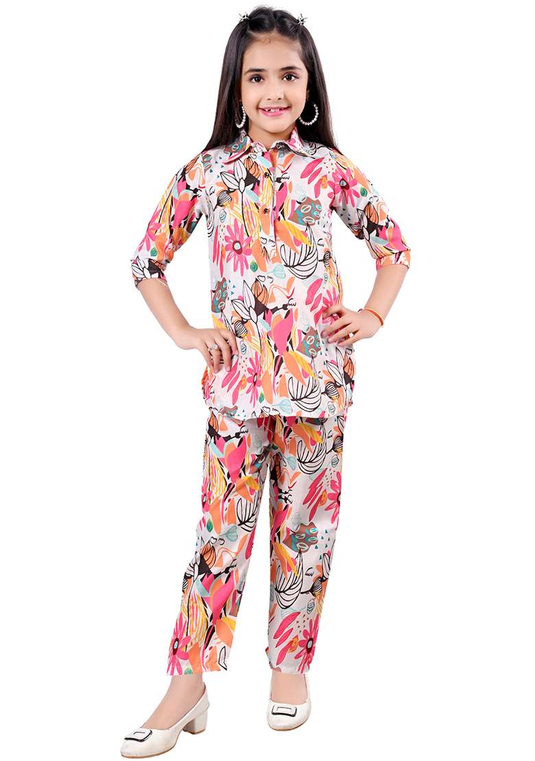 Pink Printed Rayon Kurta Set For Girls - Indya
