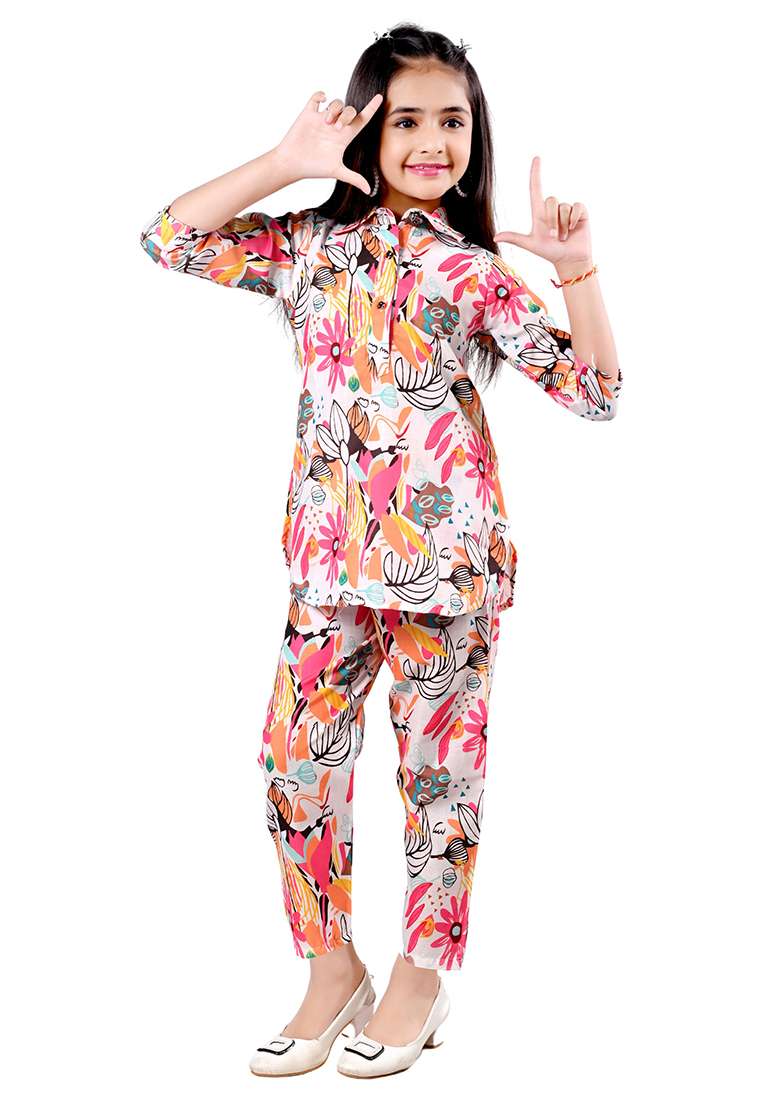 Pink Printed Rayon Kurta Set For Girls - Indya