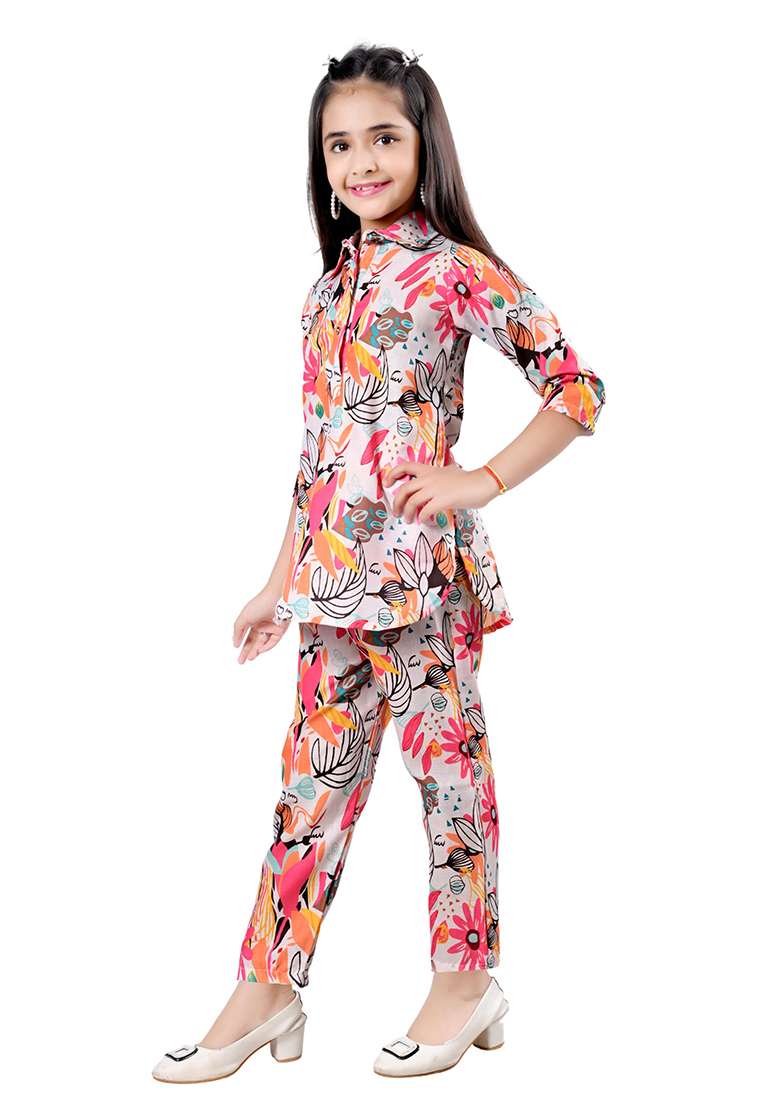 Pink Printed Rayon Kurta Set For Girls - Indya