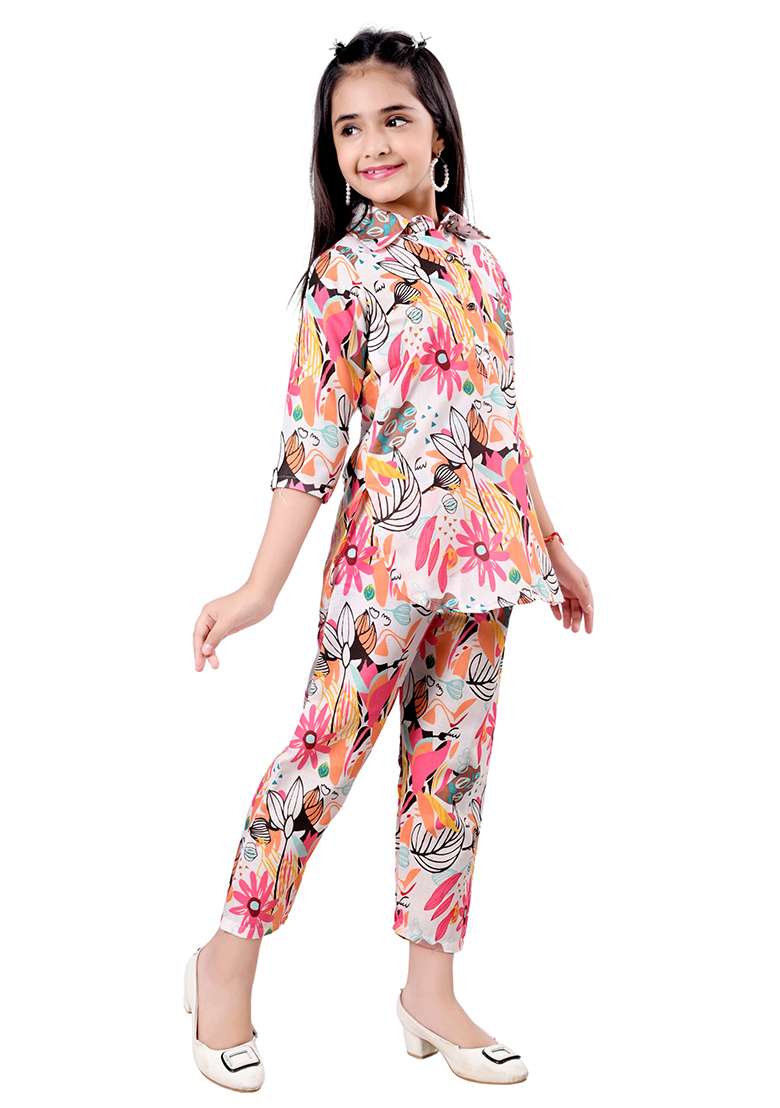 Pink Printed Rayon Kurta Set For Girls - Indya