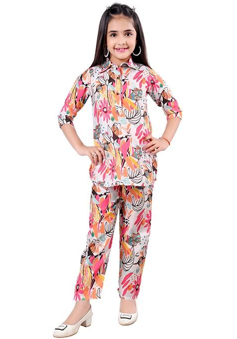 Pink Printed Rayon Kurta Set For Girls
