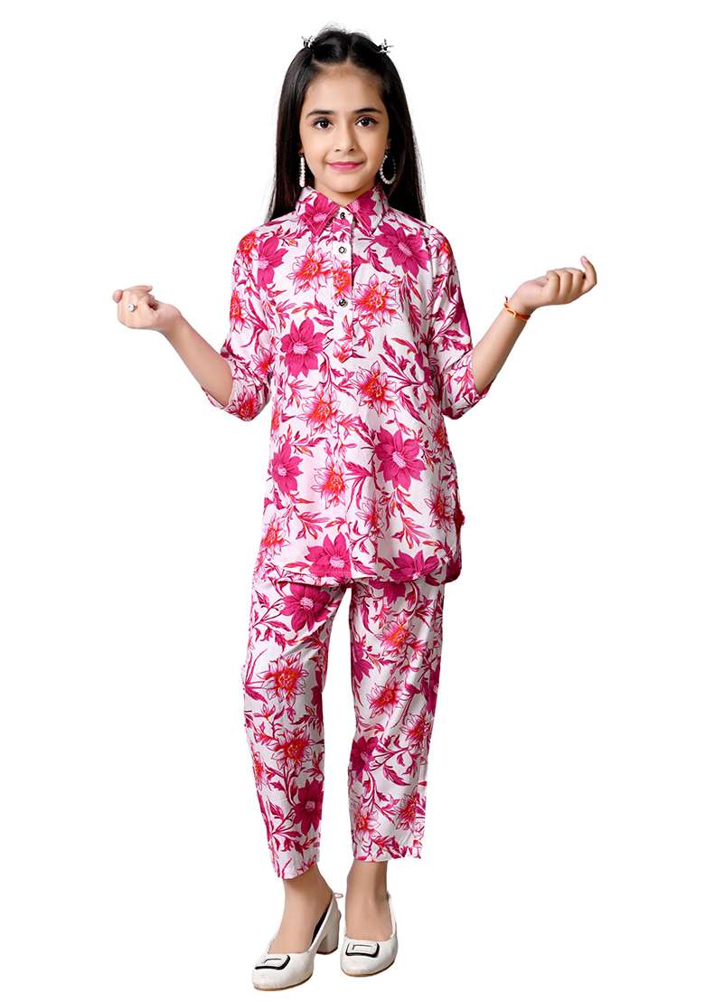 Pink Printed Rayon Kurta Set For Girls - Indya
