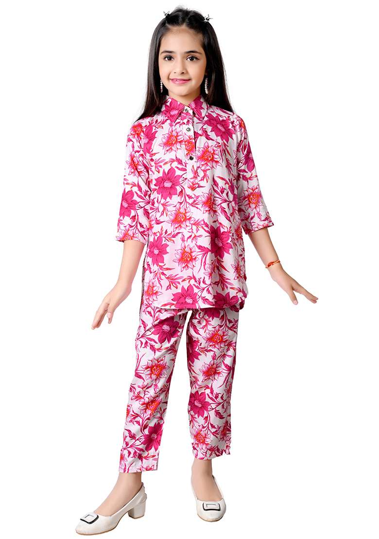 Pink Printed Rayon Kurta Set For Girls - Indya